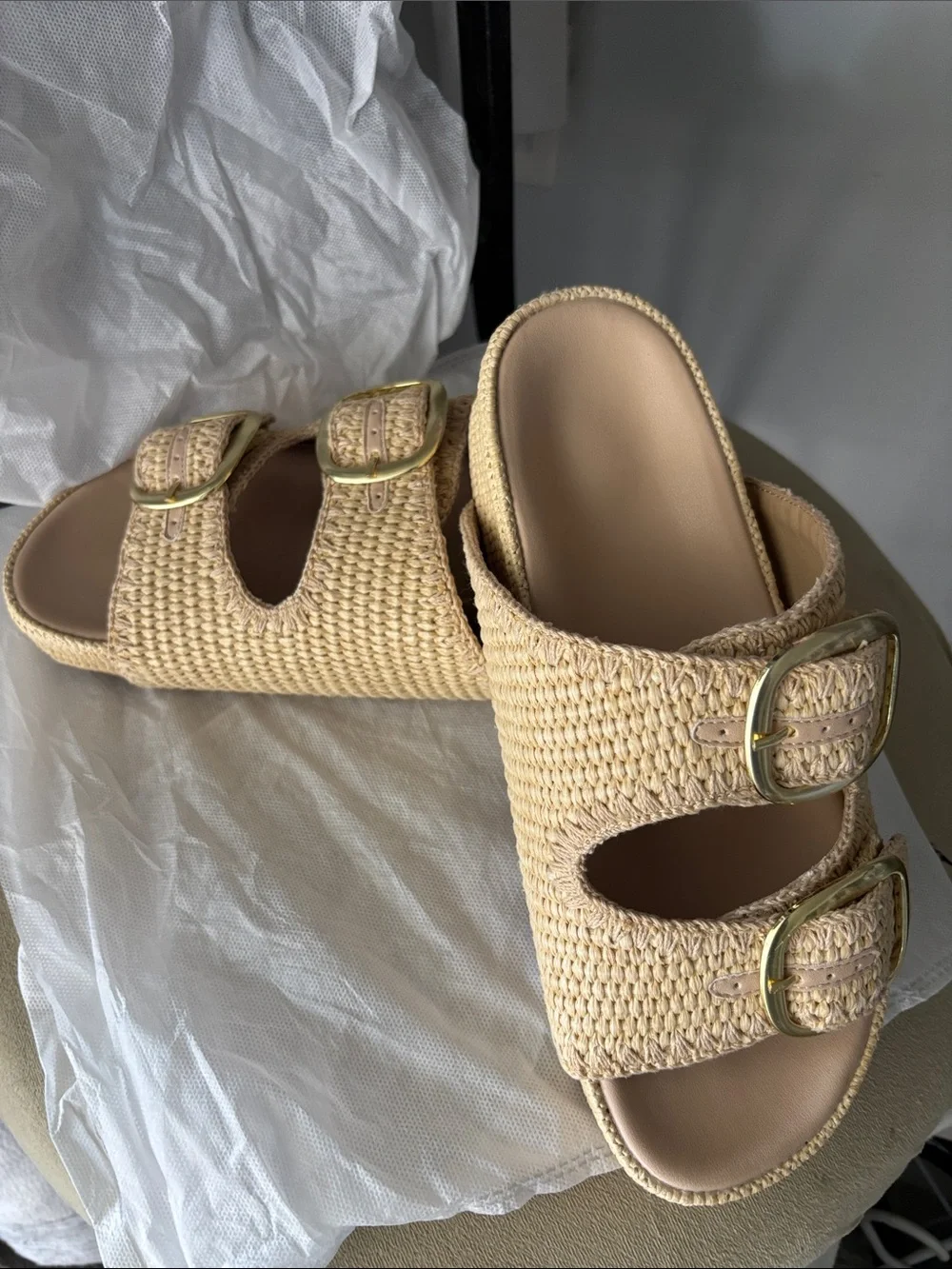 NWOT Neutral Woven Double-Buckle Slide Sandals - Beige